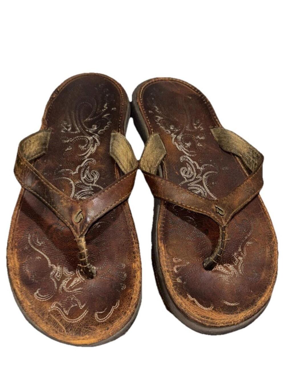 Olukai Paniolo Women’s Brown Leather Sandals Flip Flops Sz 8 See Pictures